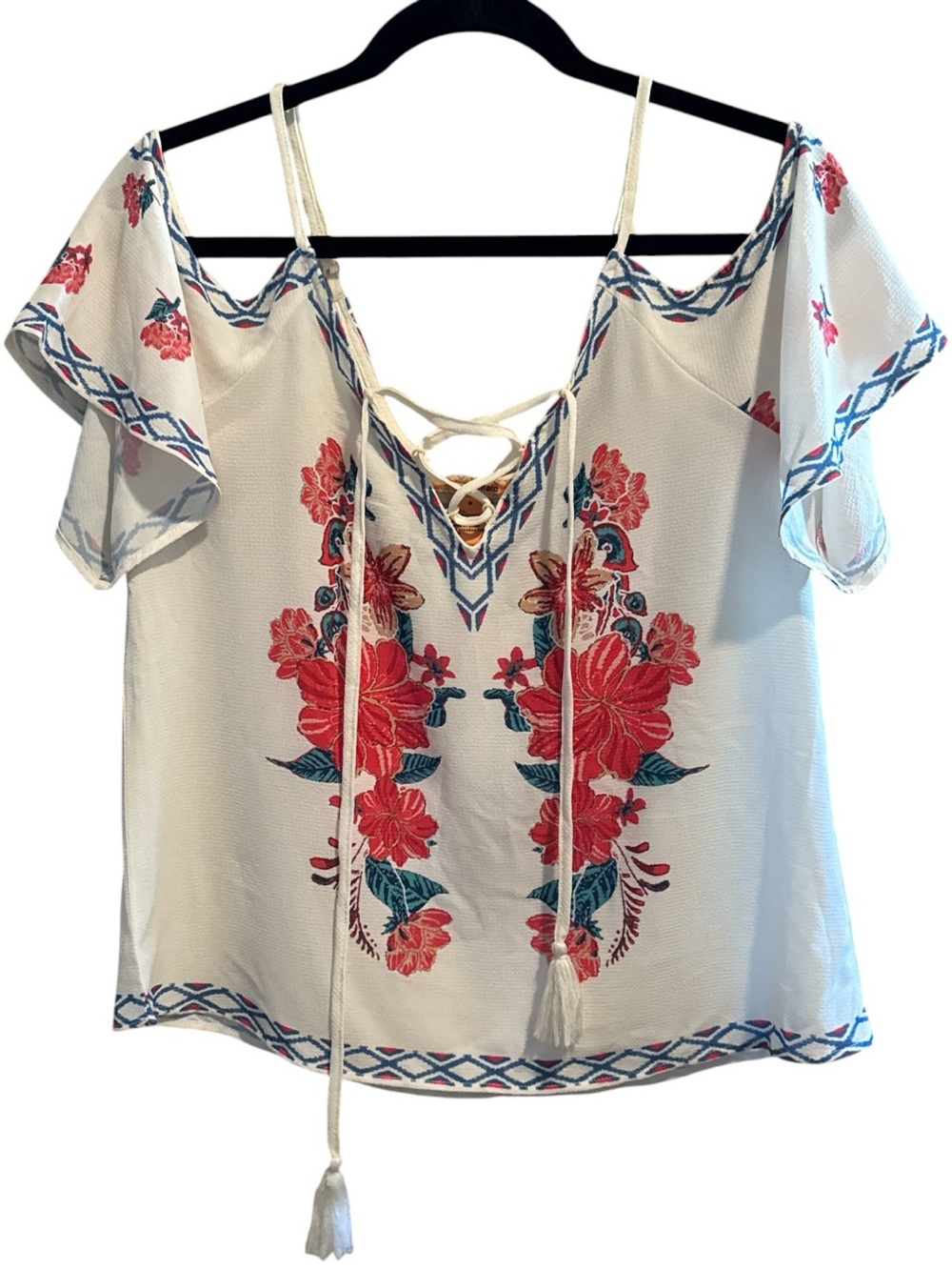 Flying Tomato White Floral Print Cold Shoulder Tassel Top Size‎ S